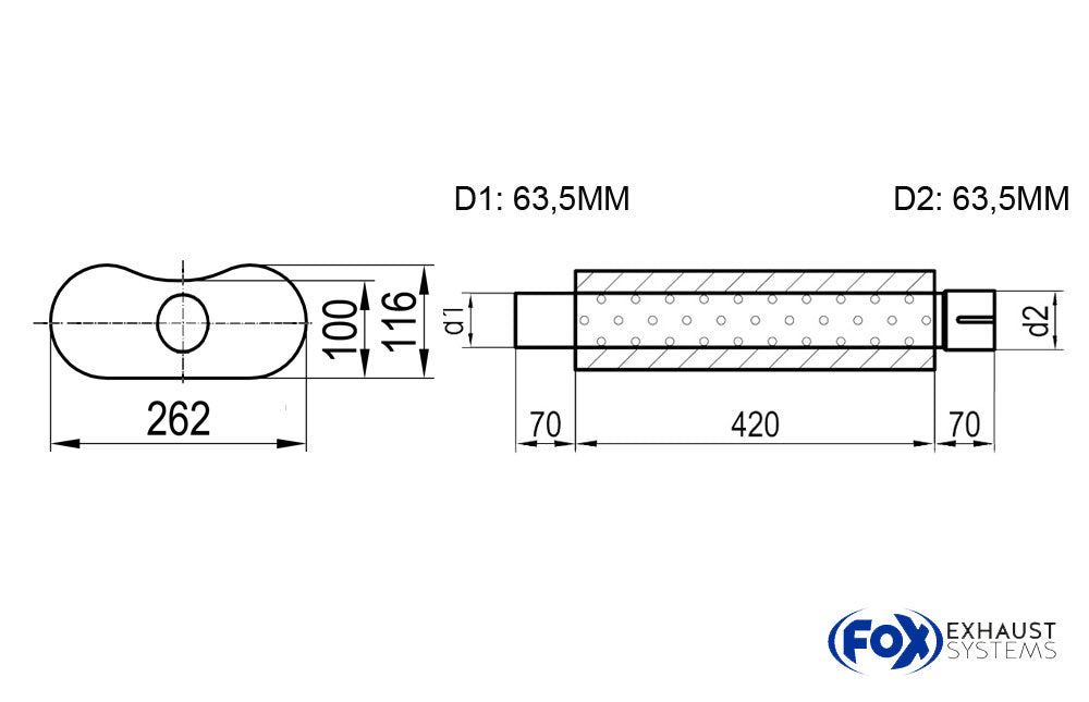Fox Uni-Schalldämpfer oval mit Stutzen - Abwicklung 655 262x116mm, d1Ø 63,5mm außen - d2Ø 63,5mm innen , Länge: 420mm