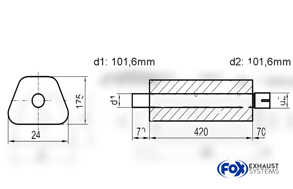 Fox Uni-Schalldämpfer Trapezoid mit Stutzen - Abwicklung 711 245x175mm, d1Ø 101,6mm außen - d2Ø 101,6mm innen - Länge: 420mm