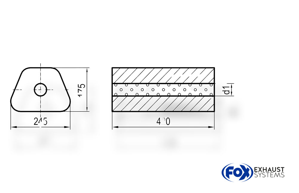 FoxUni-Schalldämpfer Trapezoid ohne Stutzen - Abwicklung 711 245x175mm, d1Ø 101,6mm außen - Länge: 420mm
