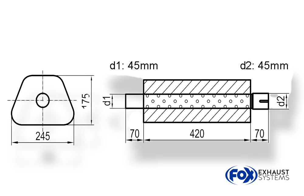 Fox Uni-Schalldämpfer Trapezoid mit Stutzen - Abwicklung 711 245x175mm, d1Ø 45mm außen - d2Ø 45mm innen - Länge: 420mm
