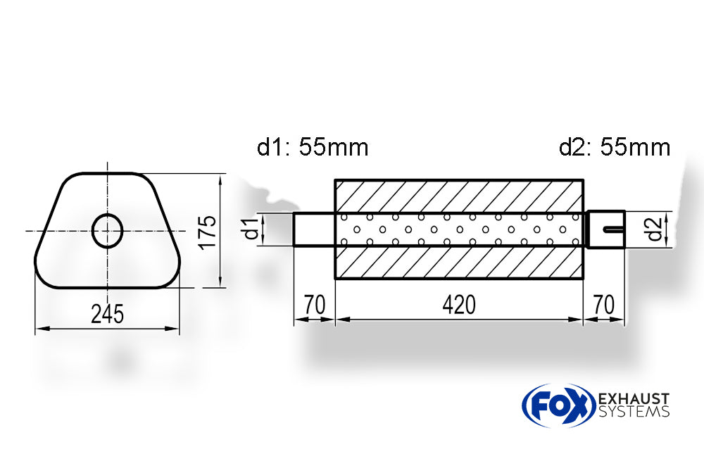 Fox Uni-Schalldämpfer Trapezoid mit Stutzen - Abwicklung 711 245x175mm, d1Ø 55mm außen - d2Ø 55mm innen - Länge: 420mm