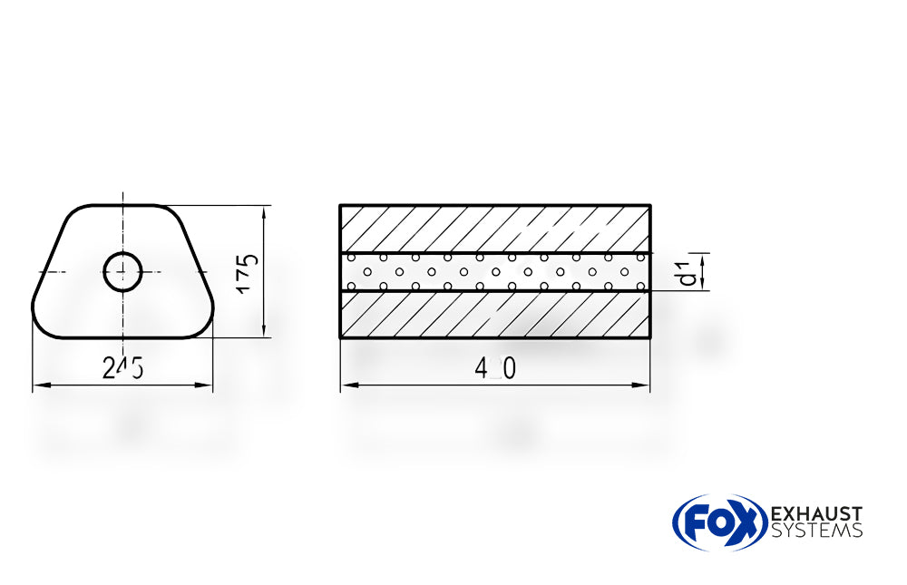 FoxUni-Schalldämpfer Trapezoid ohne Stutzen - Abwicklung 711 245x175mm, d1Ø 63,5mm außen - Länge: 420mm
