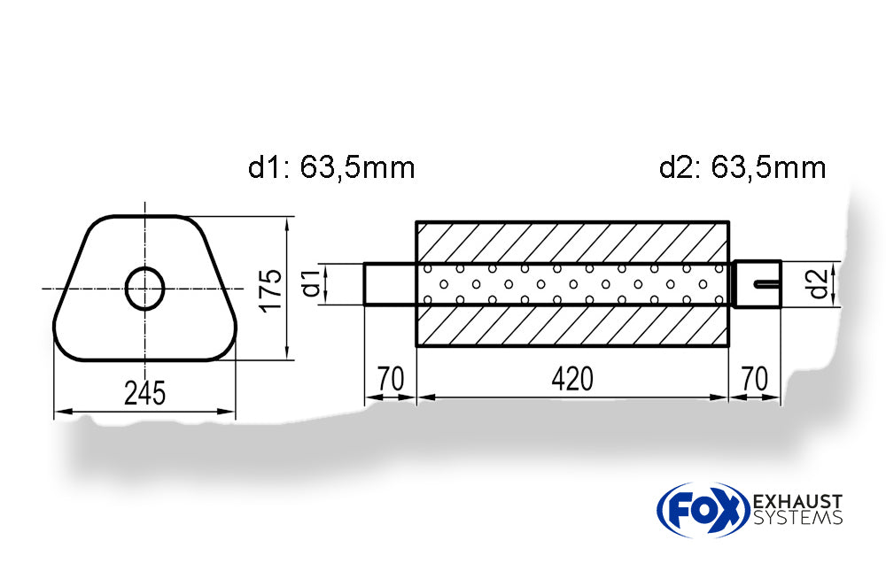 Fox Uni-Schalldämpfer Trapezoid mit Stutzen - Abwicklung 711 245x175mm, d1Ø 63,5mm außen - d2Ø 63,5mm innen - Länge: 420mm