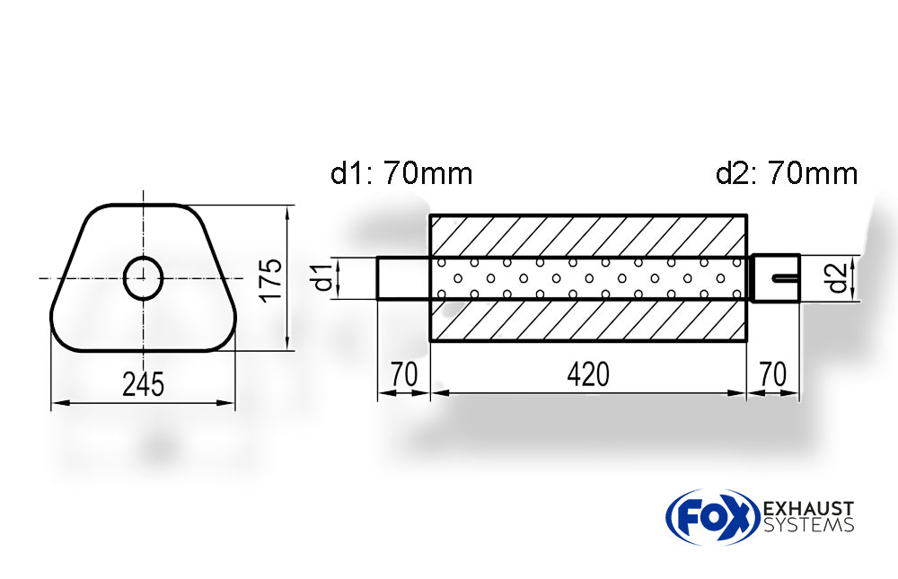 Fox Uni-Schalldämpfer Trapezoid mit Stutzen - Abwicklung 711 245x175mm, d1Ø 70mm außen - d2Ø 70mm innen - Länge: 420mm
