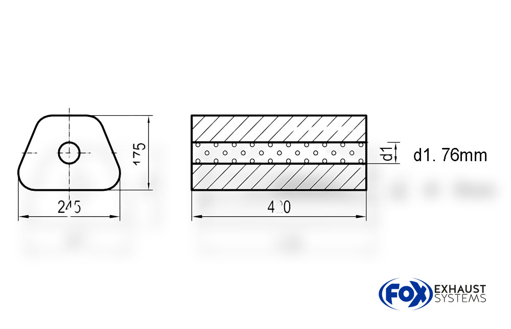 FoxUni-Schalldämpfer Trapezoid ohne Stutzen - Abwicklung 711 245x175mm, d1Ø 76mm außen - Länge: 420mm