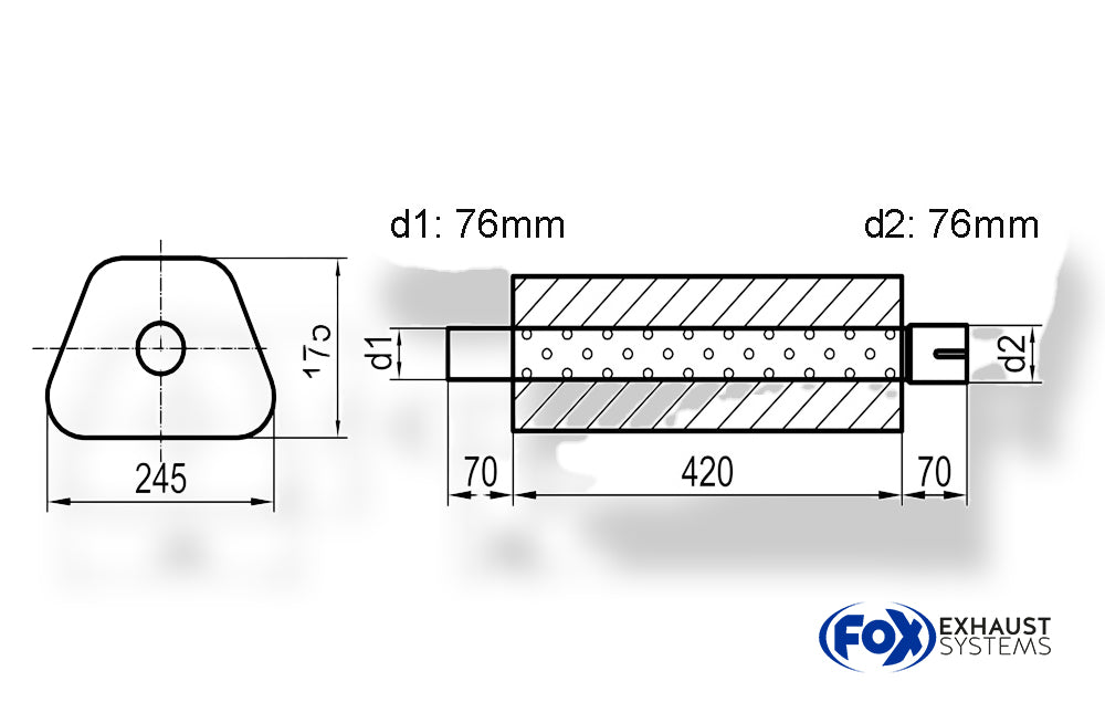 Fox Uni-Schalldämpfer Trapezoid mit Stutzen - Abwicklung 711 245x175mm, d1Ø 76mm außen - d2Ø 76mm innen - Länge: 420mm