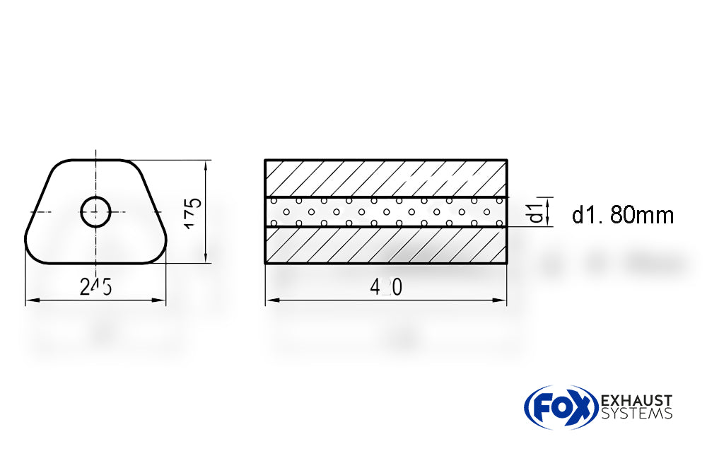 FoxUni-Schalldämpfer Trapezoid ohne Stutzen - Abwicklung 711 245x175mm, d1Ø 80mm außen - Länge: 420mm