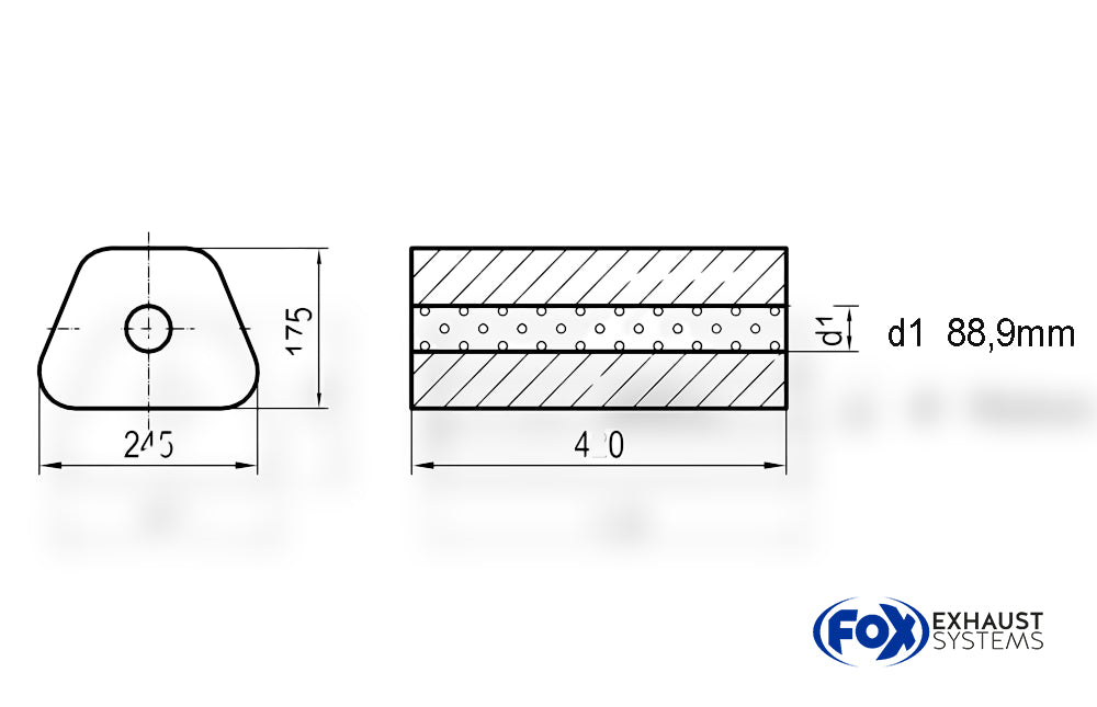 FoxUni-Schalldämpfer Trapezoid ohne Stutzen - Abwicklung 711 245x175mm, d1Ø 88,9mm außen - Länge: 420mm