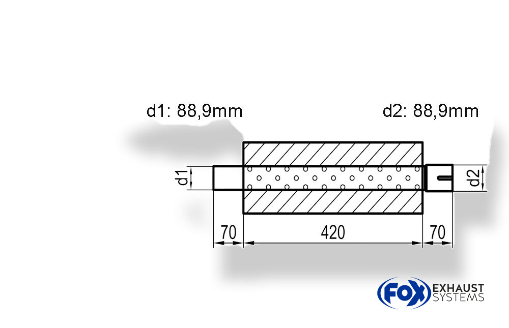Fox Uni-Schalldämpfer Trapezoid mit Stutzen - Abwicklung 711 245x175mm, d1Ø 88,9mm außen - d2Ø 88,9mm innen - Länge: 420mm