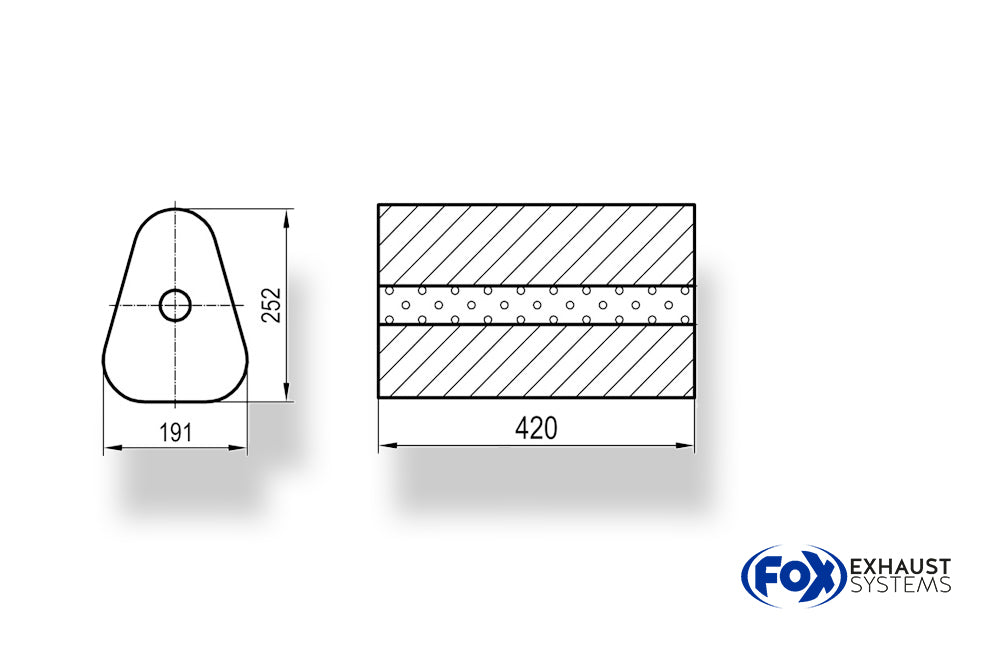 Fox Uni-Schalldämpfer Dreieckig ohne Stutzen - Abwicklung 725 191x252mm, d1Ø 101,6mm außen - Länge: 420mm