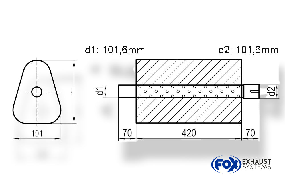Fox Uni-Schalldämpfer Dreieckig mit Stutzen - Abwicklung 725 191x252mm, d1Ø 101,6mm außen/ d2Ø 101,6mm innen - Länge: 420mm