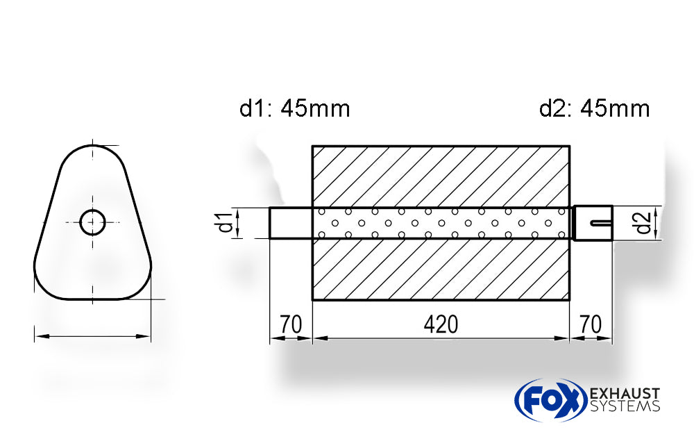 Fox Uni-Schalldämpfer Dreieckig mit Stutzen - Abwicklung 725 191x252mm, d1Ø 45mm außen/ d2Ø 45mm innen - Länge: 420mm