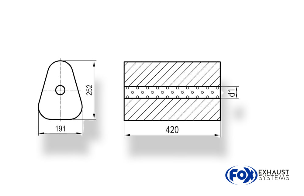 Fox Uni-Schalldämpfer Dreieckig ohne Stutzen - Abwicklung 725 191x252mm, d1Ø 50mm außen - Länge: 420mm