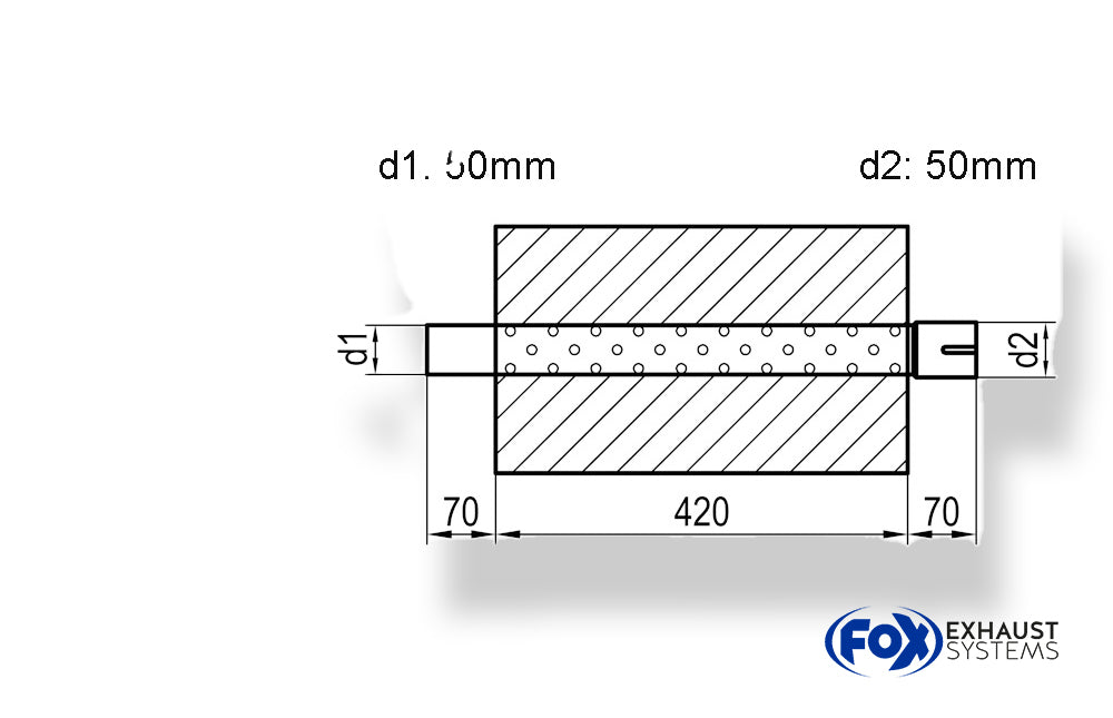 Fox Uni-Schalldämpfer Dreieckig mit Stutzen - Abwicklung 725 191x252mm, d1Ø 50mm außen/ d2Ø 50mm innen - Länge: 420mm