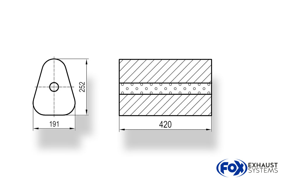 Fox Uni-Schalldämpfer Dreieckig ohne Stutzen - Abwicklung 725 191x252mm, d1Ø 55mm außen - Länge: 420mm
