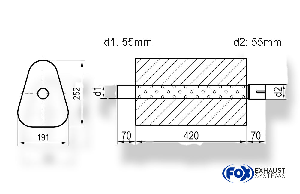 Fox Uni-Schalldämpfer Dreieckig mit Stutzen - Abwicklung 725 191x252mm, d1Ø 55mm außen/ d2Ø 55mm innen - Länge: 420mm