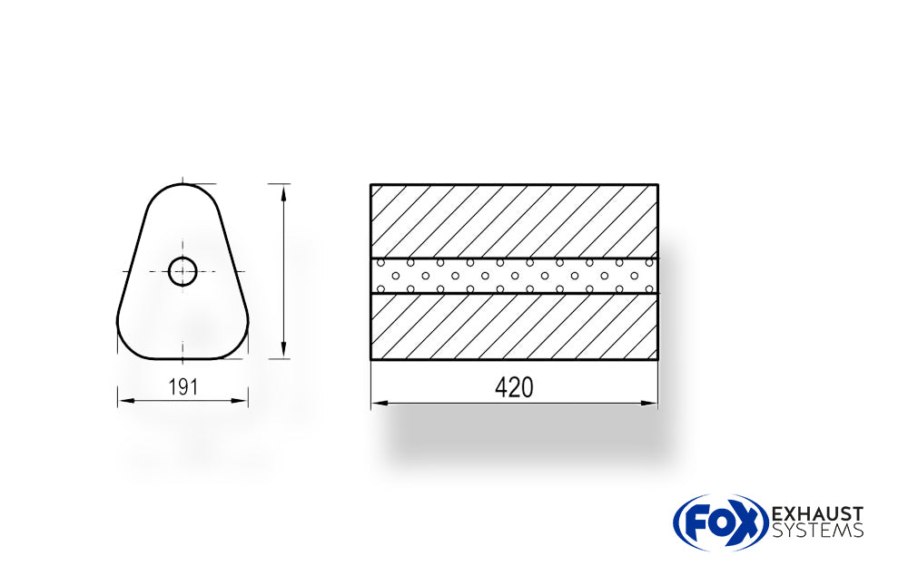 Fox Uni-Schalldämpfer Dreieckig ohne Stutzen - Abwicklung 725 191x252mm, d1Ø 63,5mm außen - Länge: 420mm
