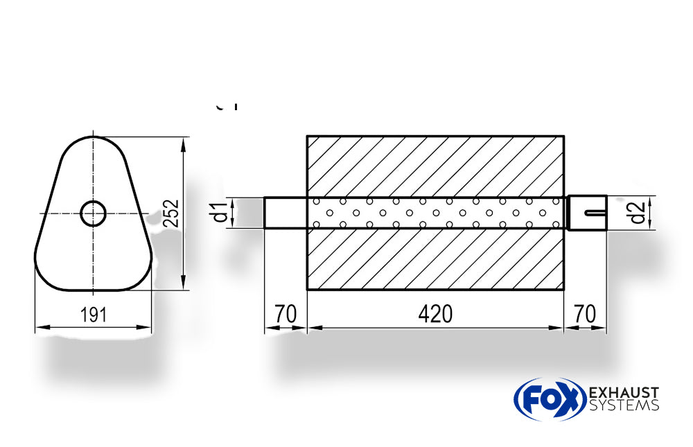 Fox Uni-Schalldämpfer Dreieckig mit Stutzen - Abwicklung 725 191x252mm, d1Ø 63,5mm außen/ d2Ø 63,5mm innen - Länge: 420mm