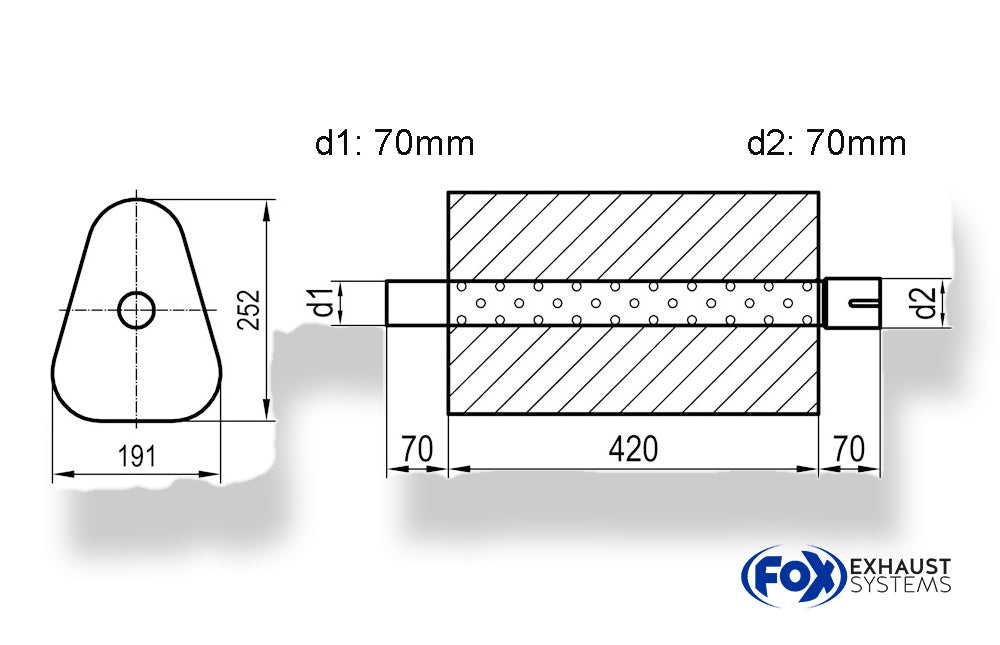Fox Uni-Schalldämpfer Dreieckig mit Stutzen - Abwicklung 725 191x252mm, d1Ø 70mm außen/ d2Ø 70mm innen - Länge: 420mm