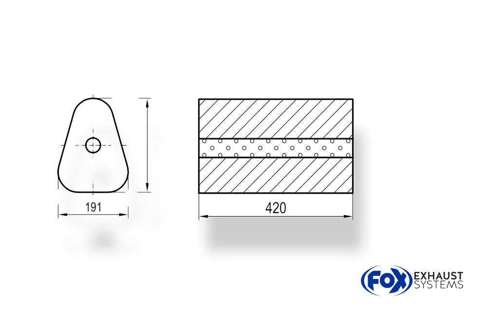 Fox Uni-Schalldämpfer Dreieckig ohne Stutzen - Abwicklung 725 191x252mm, d1Ø 76mm außen - Länge: 420mm