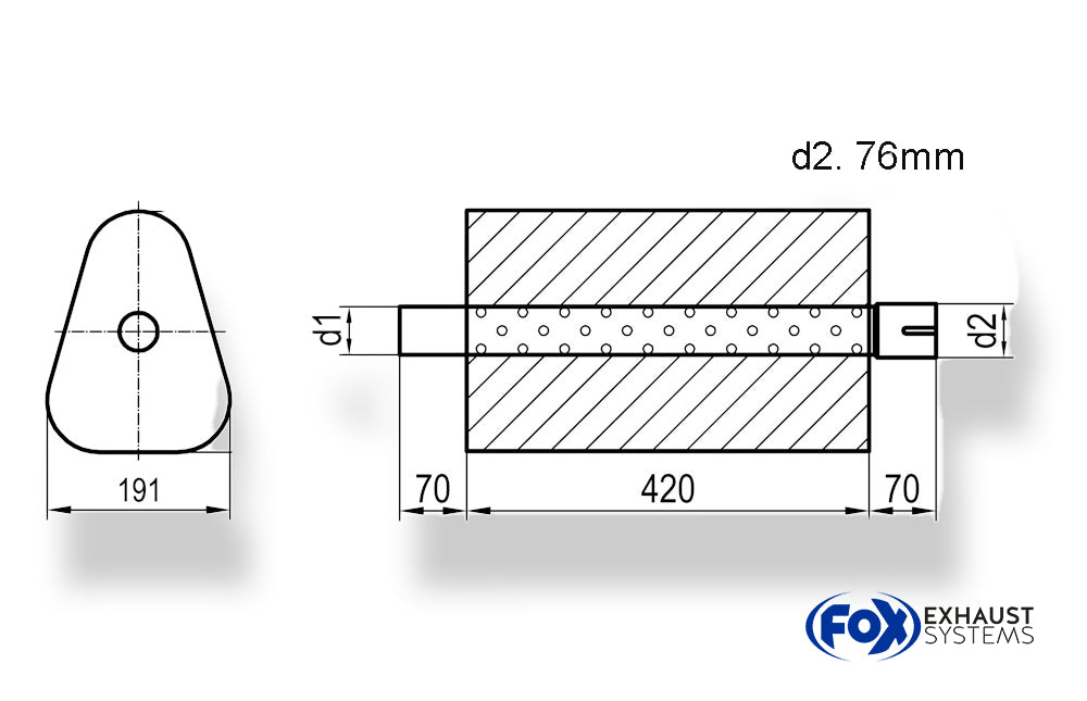 Fox Uni-Schalldämpfer Dreieckig mit Stutzen - Abwicklung 725 191x252mm, d1Ø 76mm außen/ d2Ø 76mm innen - Länge: 420mm