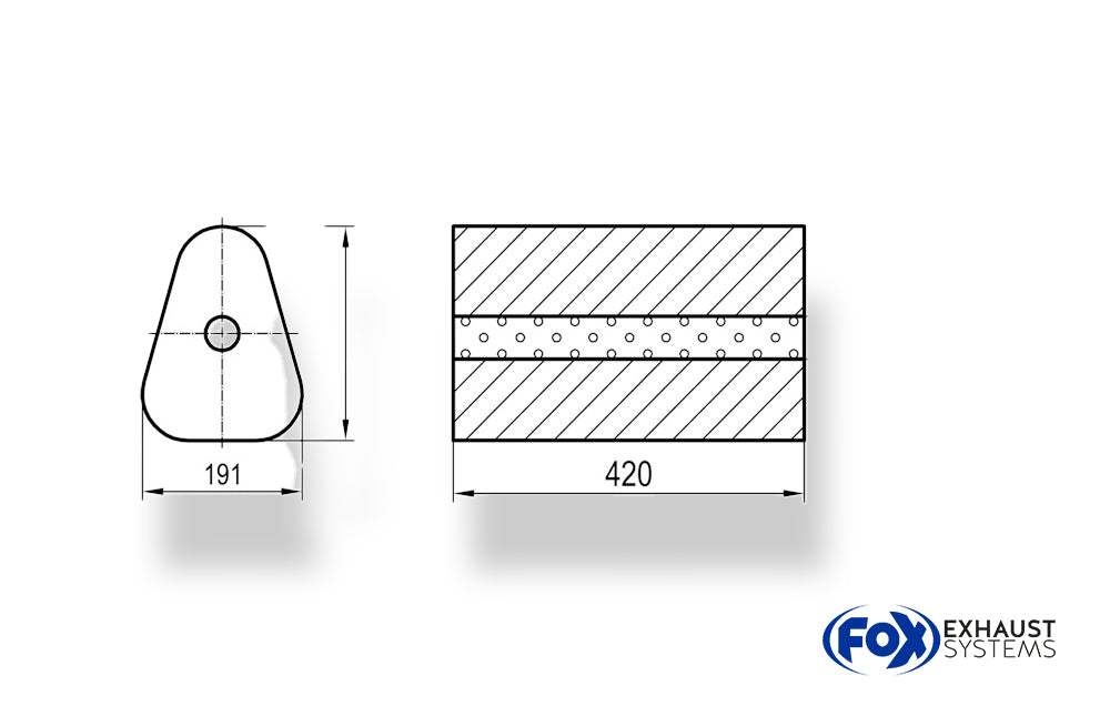 Fox Uni-Schalldämpfer Dreieckig ohne Stutzen - Abwicklung 725 191x252mm, d1Ø 80mm außen - Länge: 420mm