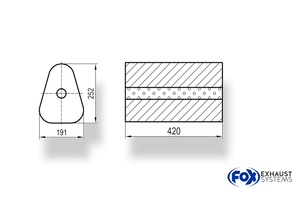Fox Uni-Schalldämpfer Dreieckig ohne Stutzen - Abwicklung 725 191x252mm, d1Ø 88,9mm außen - Länge: 420mm