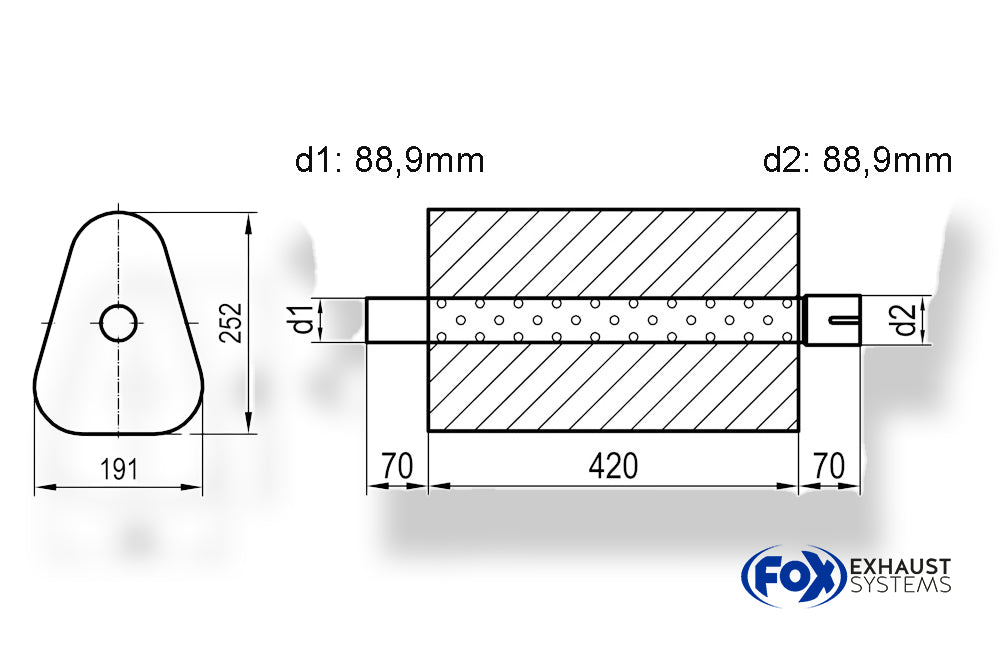 Fox Uni-Schalldämpfer Dreieckig mit Stutzen - Abwicklung 725 191x252mm, d1Ø 88,9mm außen/ d2Ø 88,9mm innen - Länge: 420mm