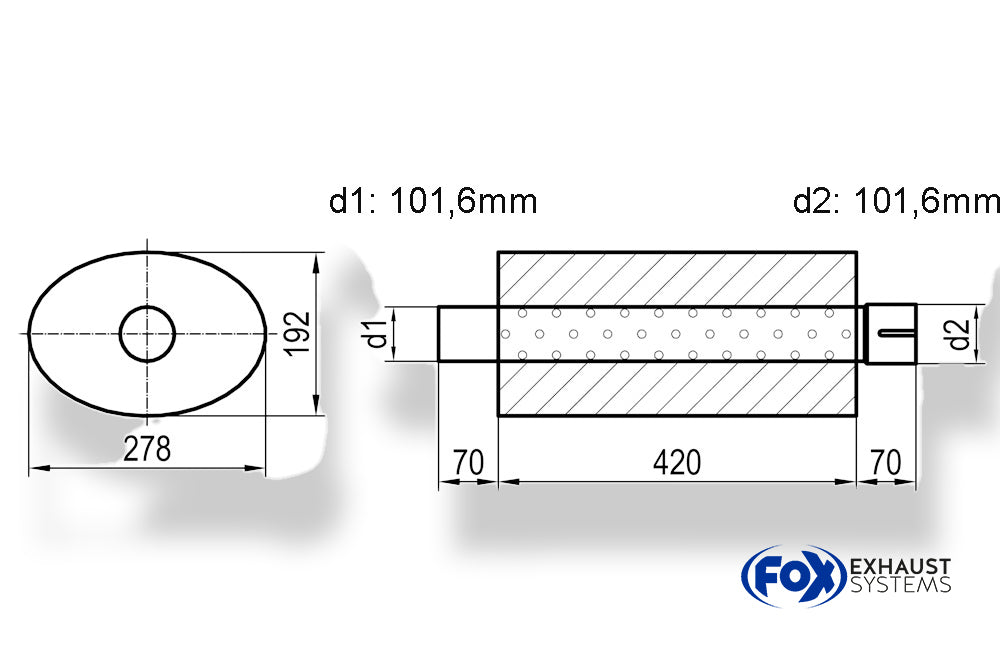 Fox Uni-Schalldämpfer oval mit Stutzen - Abwicklung 754 278x192mm, d1Ø 101,6mm außen - d2Ø 101,6mm innen - Länge: 420mm