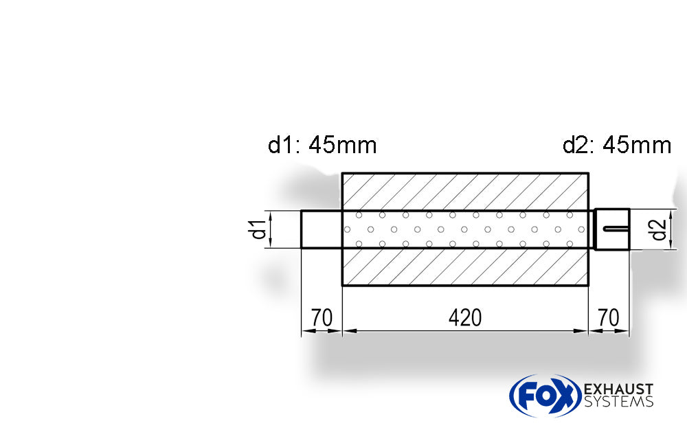 Fox Uni-Schalldämpfer oval mit Stutzen - Abwicklung 754 278x192mm, d1Ø 45mm  d2Ø 45,5mm, Länge: 420mm