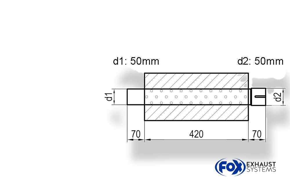 Fox Uni-Schalldämpfer oval mit Stutzen - Abwicklung 754 278x192mm, d1Ø 50mm  d2Ø 50,5mm, Länge: 420mm