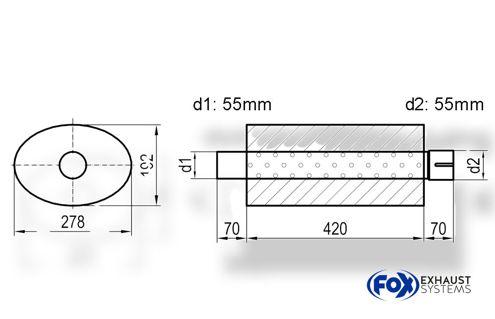Fox Uni-Schalldämpfer oval mit Stutzen - Abwicklung 754 278x192mm, d1Ø 55mm  d2Ø 55mm, Länge: 420mm