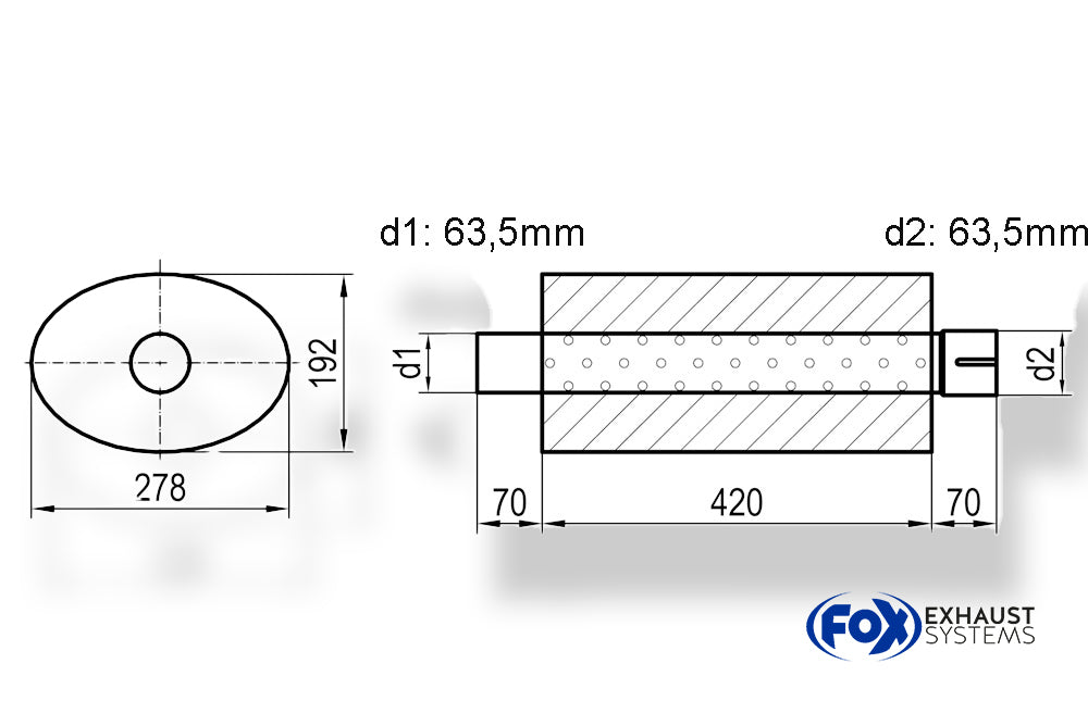 Fox Uni-Schalldämpfer oval mit Stutzen - Abwicklung 754 278x192mm, d1Ø 63,5mm  d2Ø 63,5mm, Länge: 420mm