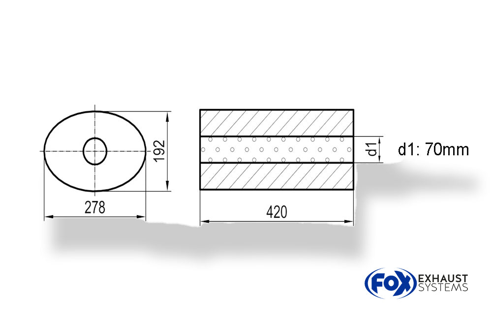 Fox Uni-Schalldämpfer oval ohne Stutzen - Abwicklung 754 278x192mm, d1Ø 70mm, Länge: 420mm
