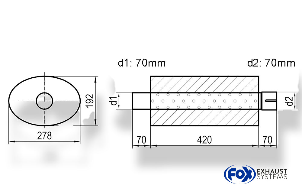 Fox Uni-Schalldämpfer oval mit Stutzen - Abwicklung 754 278x192mm, d1Ø 70mm  d2Ø 70mm, Länge: 420mm