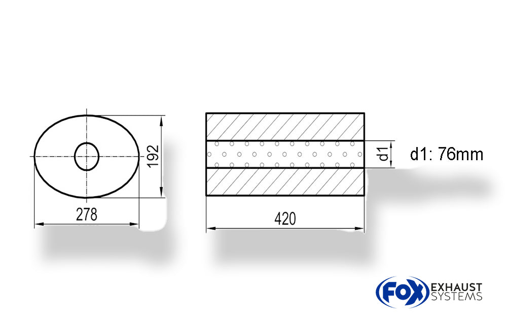 Fox Uni-Schalldämpfer oval ohne Stutzen - Abwicklung 754 278x192mm, d1Ø 76mm, Länge: 420mm