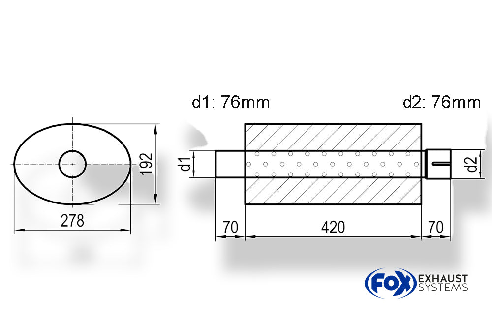 Fox Uni-Schalldämpfer oval mit Stutzen - Abwicklung 754 278x192mm, d1Ø 76mm  d2Ø 76mm, Länge: 420mm