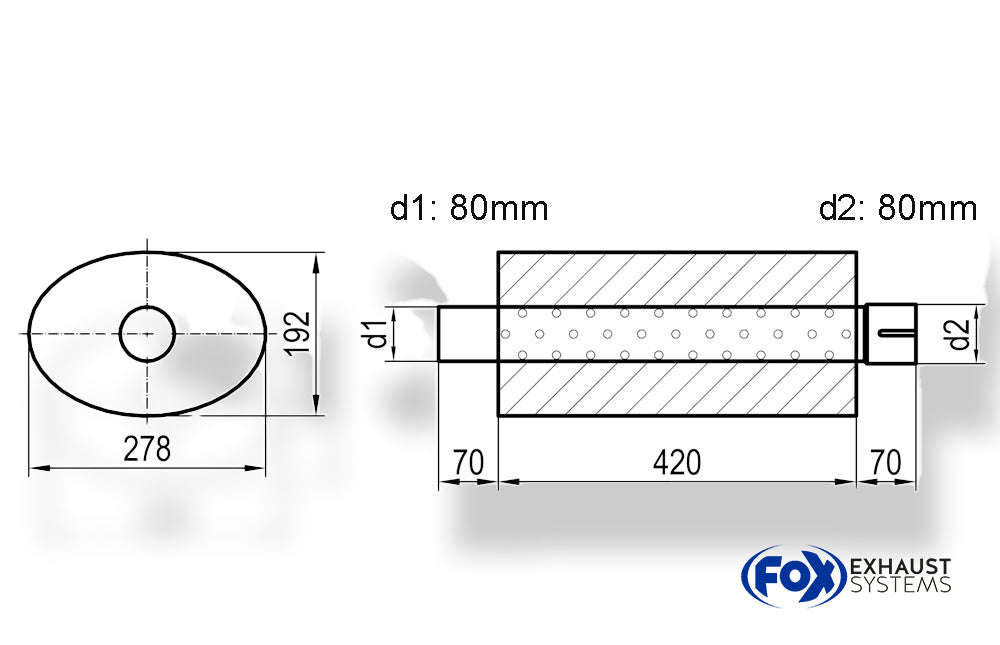 Fox Uni-Schalldämpfer oval mit Stutzen - Abwicklung 754 278x192mm, d1Ø 80mm  d2Ø 80mm, Länge: 420mm