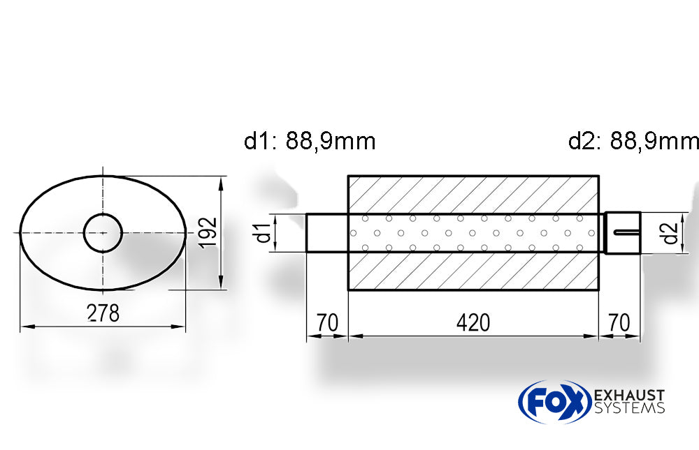 Fox Uni-Schalldämpfer oval mit Stutzen - Abwicklung 754 278x192mm, d1Ø 88,9mm  d2Ø 88,9mm, Länge: 420mm