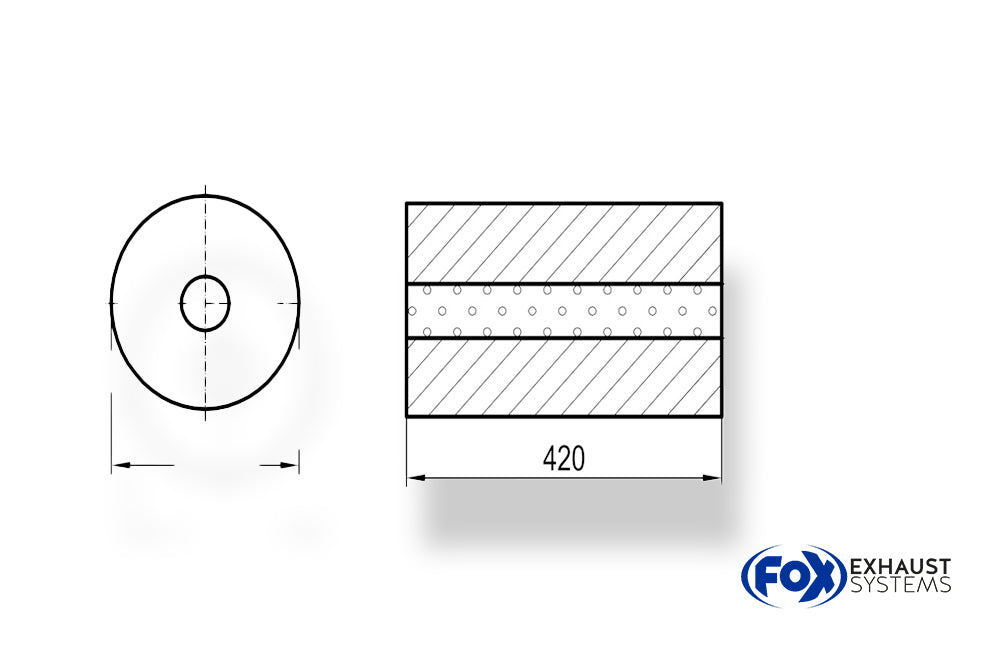FoxUni-Schalldämpfer rund ohne Stutzen - Abwicklung 784 Ø 250mm, d1: 45mm, Länge: 420mm