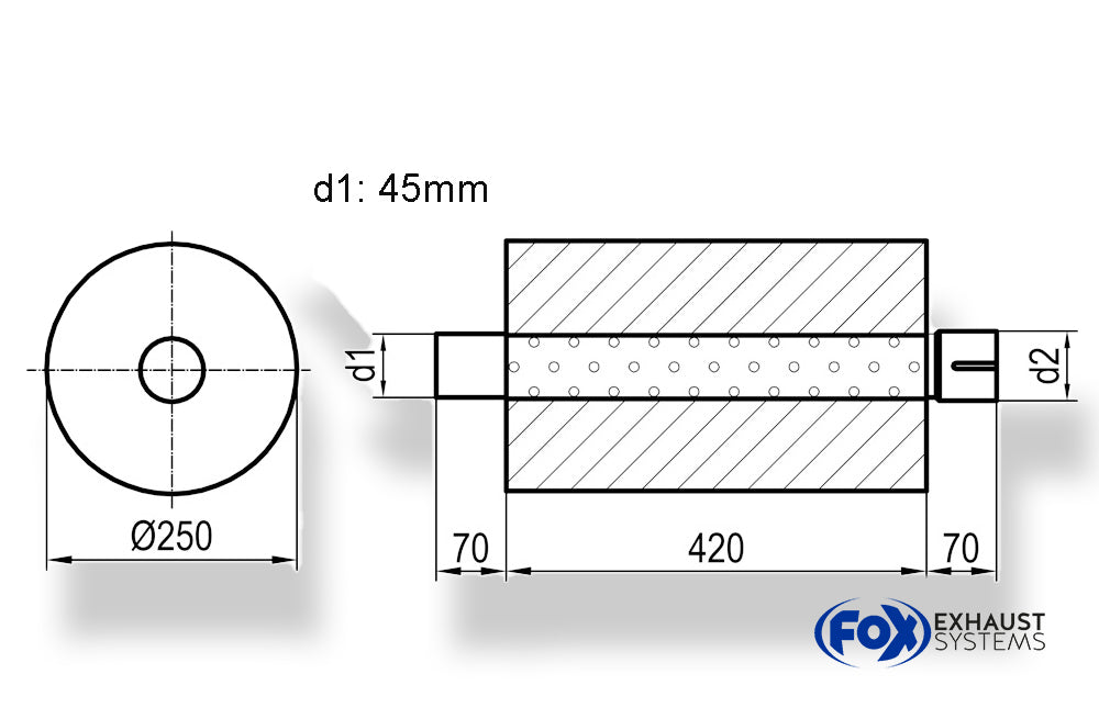 FoxUni-Schalldämpfer rund mit Stutzen - Abwicklung 784 Ø 250mm, d1: 45mm, d2: 45mm innen - Länge: 420mm