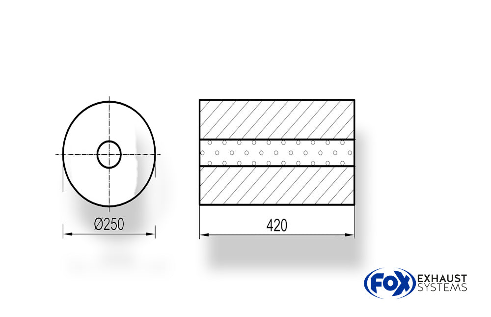 FoxUni-Schalldämpfer rund ohne Stutzen - Abwicklung 784 Ø 250mm, d1: 50mm, Länge: 420mm