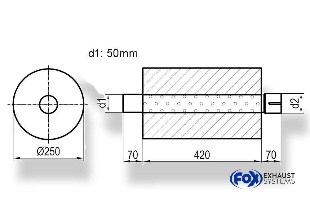 FoxUni-Schalldämpfer rund mit Stutzen - Abwicklung 784 Ø 250mm, d1: 50mm, d2: 50mm innen - Länge: 420mm