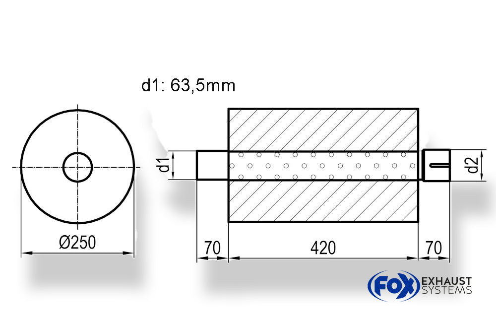 FoxUni-Schalldämpfer rund mit Stutzen - Abwicklung 784 Ø 250mm, d1: 63,5mm, d2: 63,5mm innen - Länge: 420mm