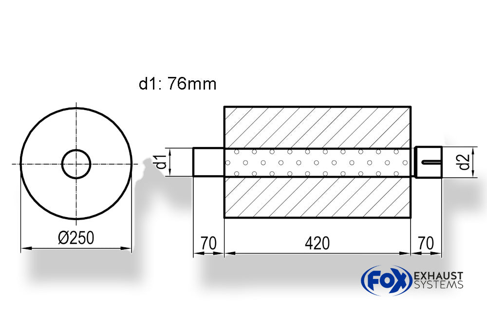 FoxUni-Schalldämpfer rund mit Stutzen - Abwicklung 784 Ø 250mm, d1: 76mm, d2: 76mm innen - Länge: 420mm