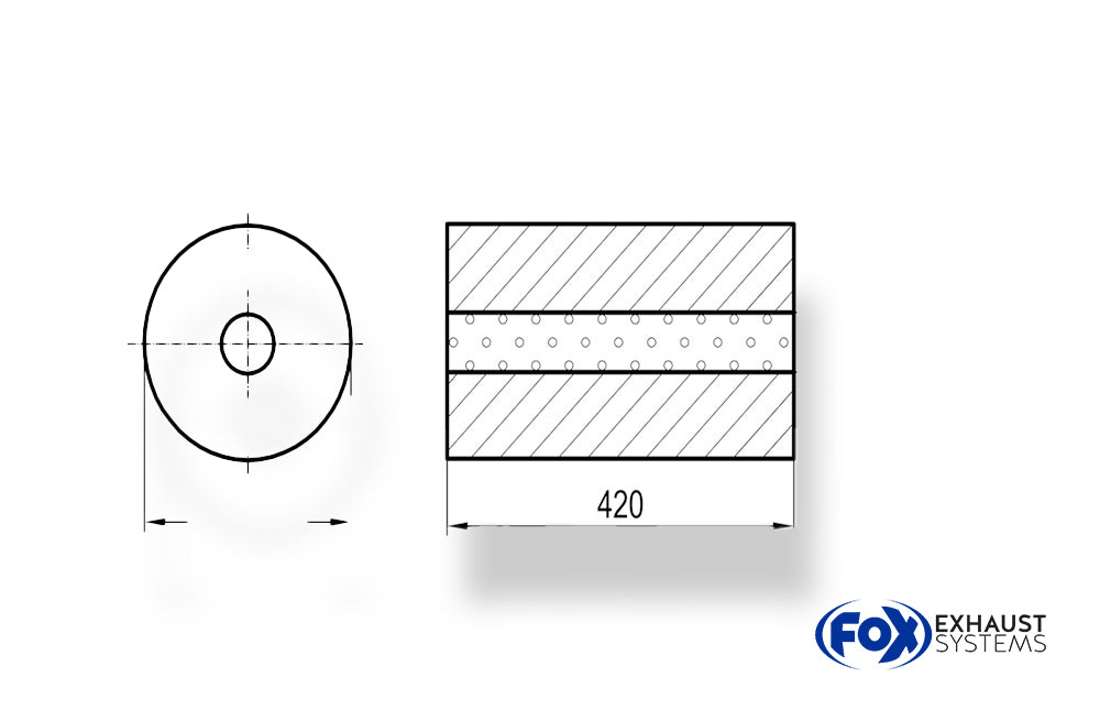 FoxUni-Schalldämpfer rund ohne Stutzen - Abwicklung 784 Ø 250mm, d1: 80mm, Länge: 420mm