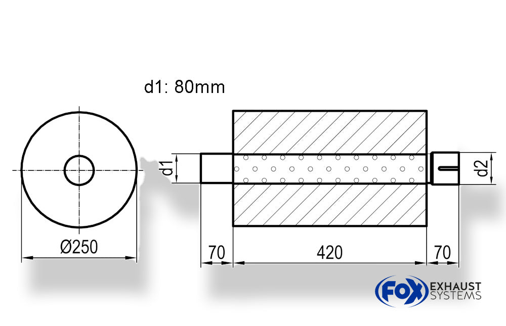 FoxUni-Schalldämpfer rund mit Stutzen - Abwicklung 784 Ø 250mm, d1: 80mm, d2: 80mm innen - Länge: 420mm