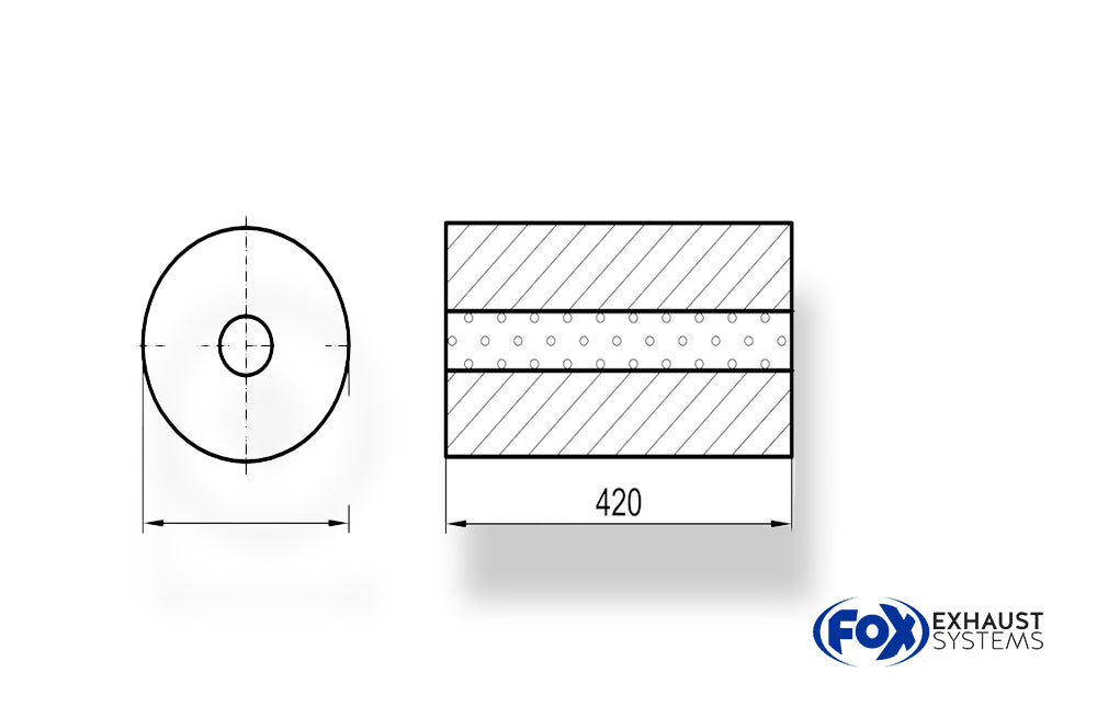 FoxUni-Schalldämpfer rund ohne Stutzen - Abwicklung 784 Ø 250mm, d1: 88mm, Länge: 420mm