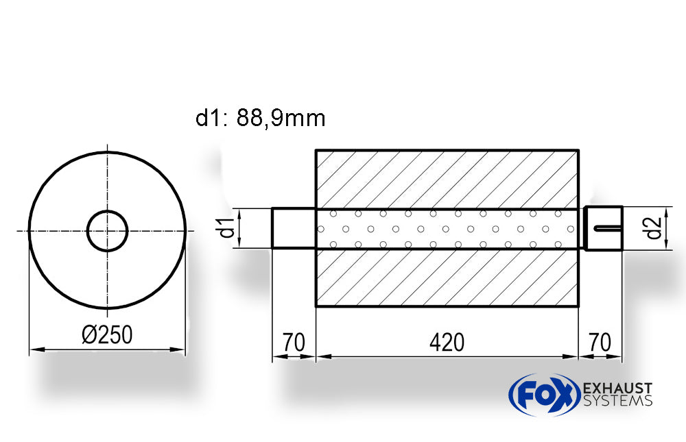 FoxUni-Schalldämpfer rund mit Stutzen - Abwicklung 784 Ø 250mm, d1: 88,9mm, d2: 88,9mm innen - Länge: 420mm