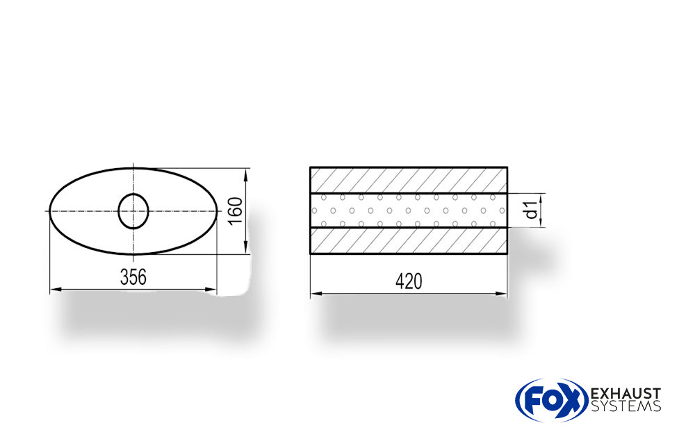 FoxUni-Schalldämpfer oval ohne Stutzen - Abwicklung 818 356x160mm, d1Ø 101,6mm, Länge: 420mm